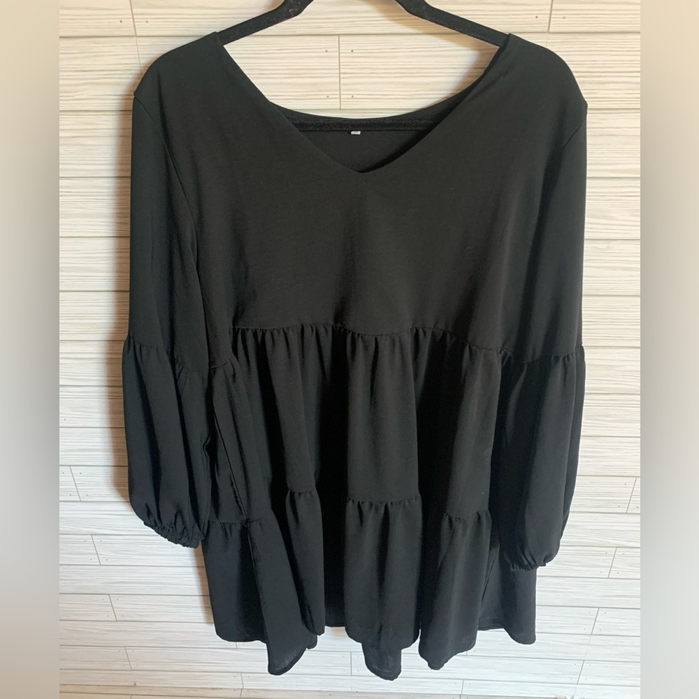 Black V-Neck Tiered Women's long sleeve dress